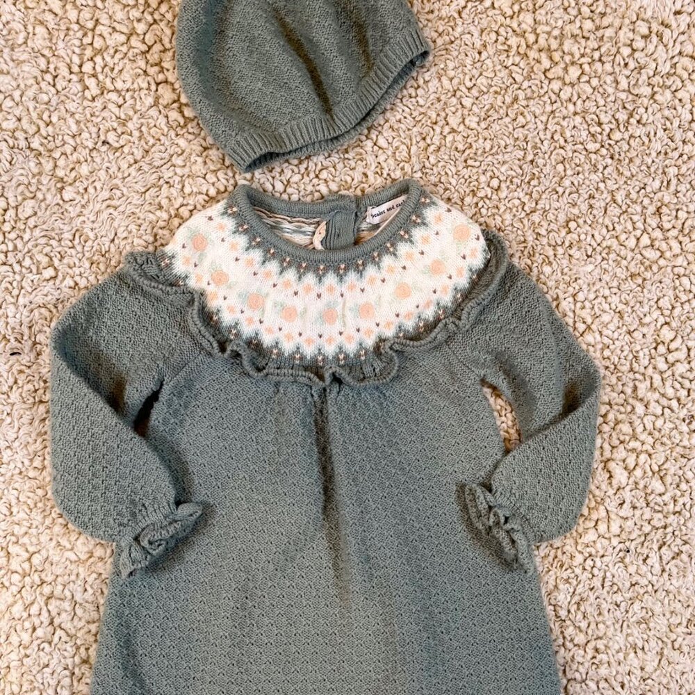 Cupcakes and Cashmere Baby Knit Dress & Hat Set | 6–9 Months | Sage Green